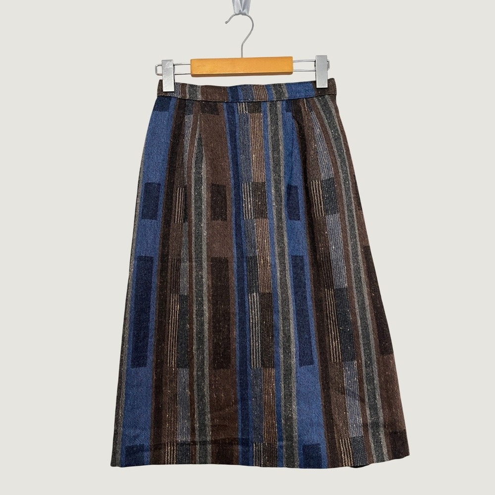 Vintage Made in Canada Blue Brown Wool Tweed Geometric Midi Skirt Size S